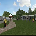 Scenic Garden Landscape Featuring RVs Green Lawn Stone Path Trees and People