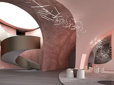 Modern Front Desk Reception Area With Pink Curved Structures Spiral Staircase And Geometric Decorations 3d model