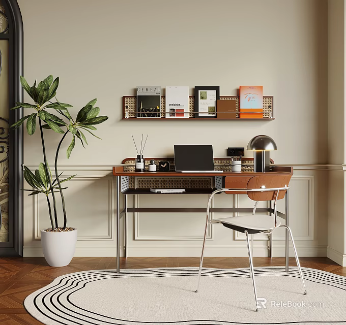 Modern Desk and Chair Set With Laptop Lamp Bookshelf and Green Plant Interior 3d model 