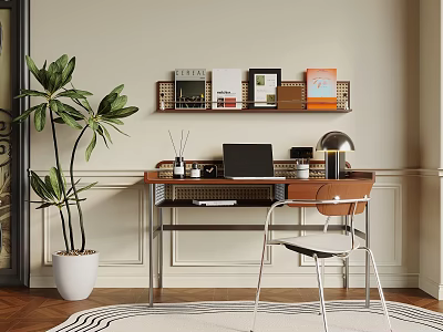 Modern Desk and Chair Set With Laptop Lamp Bookshelf and Green Plant Interior 3d model