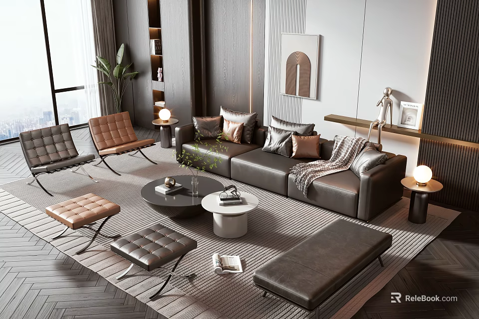 Modern Leather Sofa And Coffee Table Set With Ottoman Plant And Area Rug 3d model 
