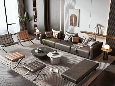 Modern Leather Sofa And Coffee Table Set With Ottoman Plant And Area Rug 3d model