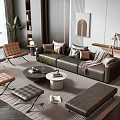 Modern Leather Sofa And Coffee Table Set With Ottoman Plant And Area Rug