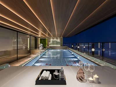 Modern Indoor Swimming Pool With Glass Walls Ambient Lighting And Lounge Area 3d model