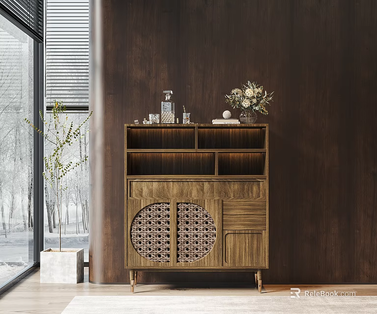 Modern Wooden Sideboard With Lattice Design Decorative Items And Potted Plant In Elegant Interior 3d model 