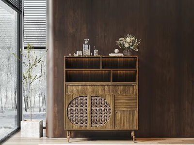 Modern Wooden Sideboard With Lattice Design Decorative Items And Potted Plant In Elegant Interior 3d model