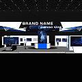 Modern Hi Tech Exhibition Booth With Blue Lighting Digital Screens and Brand Signage