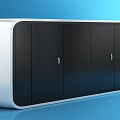 Modern Black And Silver Storage Cabinet With Four Glass Doors On Blue Background