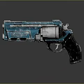 Teal Metallic Pistol With Weathered Finish Featuring Silver Cylinder Black Grip And Structured Design Elements
