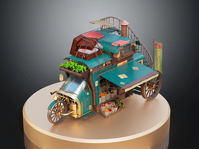 Vintage Green Mobile Food Truck with Roof Plants Stairs and Flower Display on Gold Platform 3d model