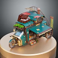 Vintage Green Mobile Food Truck with Roof Plants Stairs and Flower Display on Gold Platform