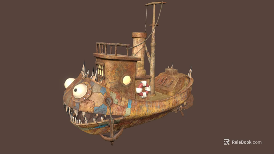 Fish Shaped Sailboat With Large Eyes Sharp Teeth Rusty Metal Small Windows Chimney And Lifebuoy 3d model 