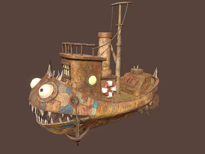 Fish Shaped Sailboat With Large Eyes Sharp Teeth Rusty Metal Small Windows Chimney And Lifebuoy 3d model
