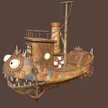 Fish Shaped Sailboat With Large Eyes Sharp Teeth Rusty Metal Small Windows Chimney And Lifebuoy