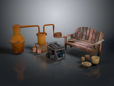 Rustic Garden Decorative Pieces with Clay Pots Pipes Wooden Bench Wheelbarrow and Baskets 3d model