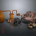 Rustic Garden Decorative Pieces with Clay Pots Pipes Wooden Bench Wheelbarrow and Baskets