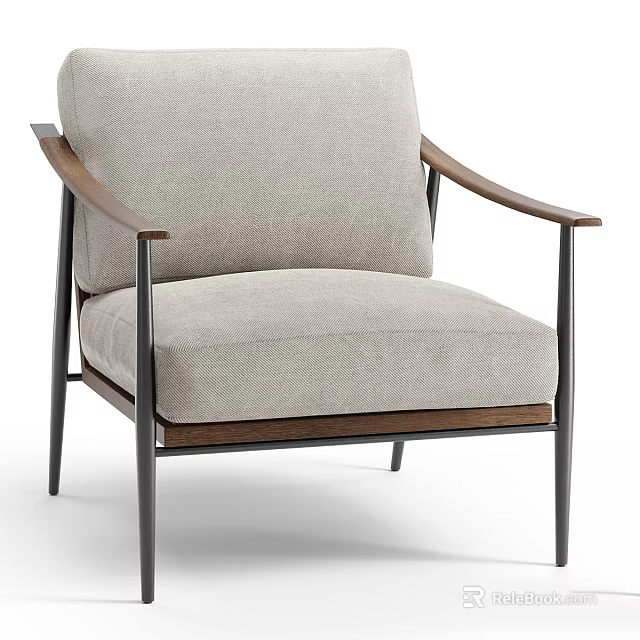 Modern Minimalist Accent Chair With Wooden Armrests Metal Frame And Light Gray Cushion 3d model 