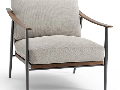 Modern Minimalist Accent Chair With Wooden Armrests Metal Frame And Light Gray Cushion 3d model