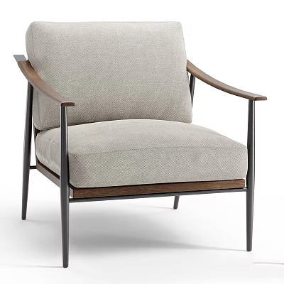 Modern Minimalist Accent Chair With Wooden Armrests Metal Frame And Light Gray Cushion 3d model