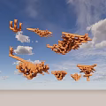 Orange Building Components Floating In Sky With Blue Background And White Clouds 3d model