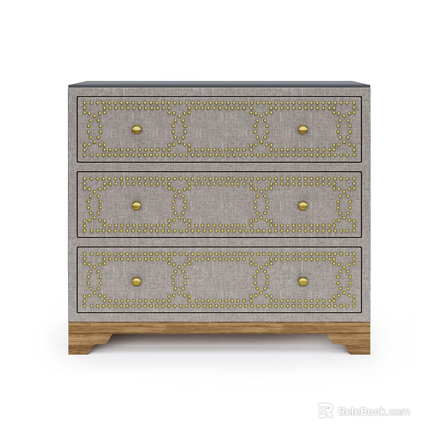 Gray Fabric Bedside Nightstand With Three Drawers Gold Accent And Wooden Legs 3d model 