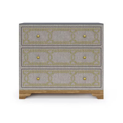 Gray Fabric Bedside Nightstand With Three Drawers Gold Accent And Wooden Legs 3d model