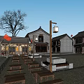 Traditional Commercial Street With Ancient Architecture Wooden Benches Stone Pavement Lanterns Plaza Area And Trees