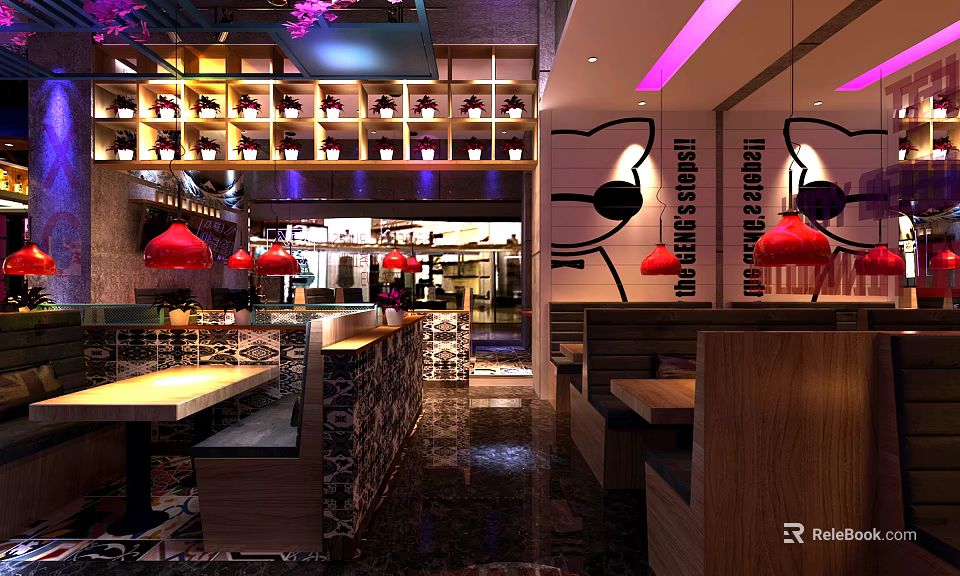 Modern Restaurant Interior With Red Pendant Lights Wooden Tables And Cat Wall Decor 3d model 