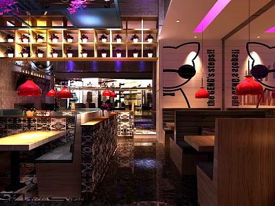 Modern Restaurant Interior With Red Pendant Lights Wooden Tables And Cat Wall Decor 3d model