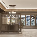 Traditional Chinese Restaurant Interior With Hanging Chandelier Dining Table Wooden Chairs Decorative Plants And Screen