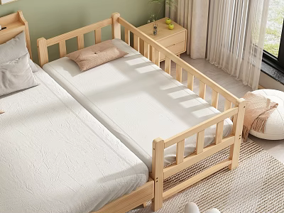 Wooden Baby Crib with White Mattress and Nightstand in Green Wall Bedroom 3d model