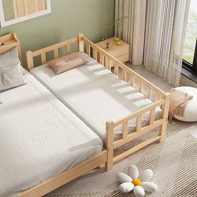Wooden Baby Crib with White Mattress and Nightstand in Green Wall Bedroom 3d model