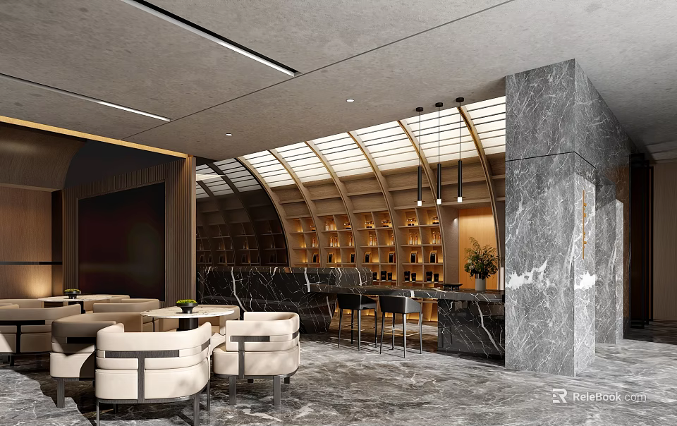 Elegant Sales Office Interior Design With Marble Walls Comfortable Seating And Pendant Lighting 3d model 