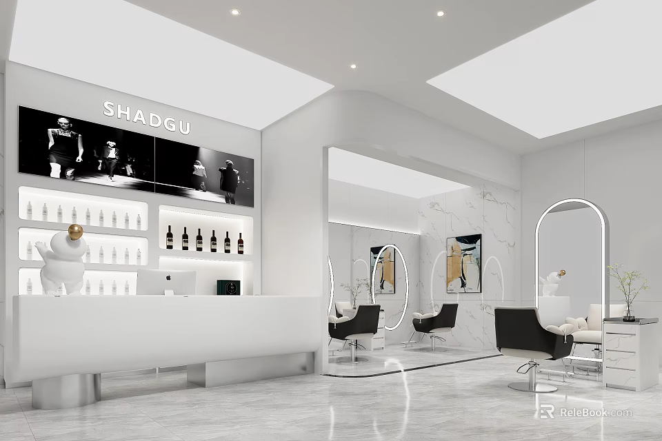 Modern Beauty Hair Salon Interior Design With Display Shelves Products Mirrors And Salon Chairs 3d model 