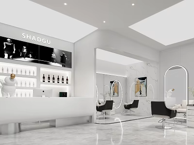 Modern Beauty Hair Salon Interior Design With Display Shelves Products Mirrors And Salon Chairs 3d model