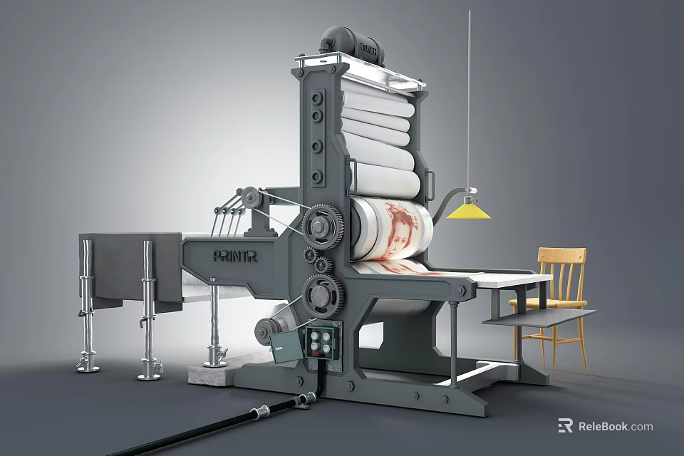 Industrial Calendering Machine With Multiple Rollers Control Panel And Work Lamp 3d model 