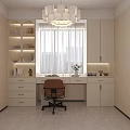 Modern Home Office Desk Interior With Bookshelves Window Chandelier And Chair
