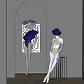 Stylish Mannequins Displaying Blue Attire White Coat And Hats Against Gray Wall With Arched Artwork