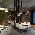 Modern Restaurant Interior With Hanging Lamps Dining Tables White Chairs And Green Plants