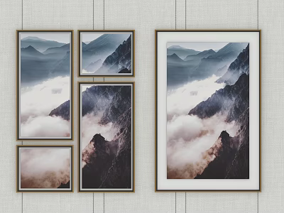Framed Mountain Landscape Paintings with Misty Clouds on Textured Wall 3d model