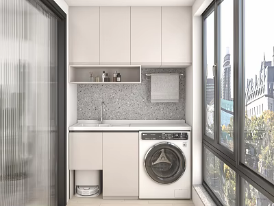 Modern White Bathroom Cabinet With Washing Machine Storage And Natural Light 3d model