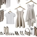 Stylish Clothes With Dresses Tops Coats Bags Hats And Suitcases In Neutral Tones On Hangers