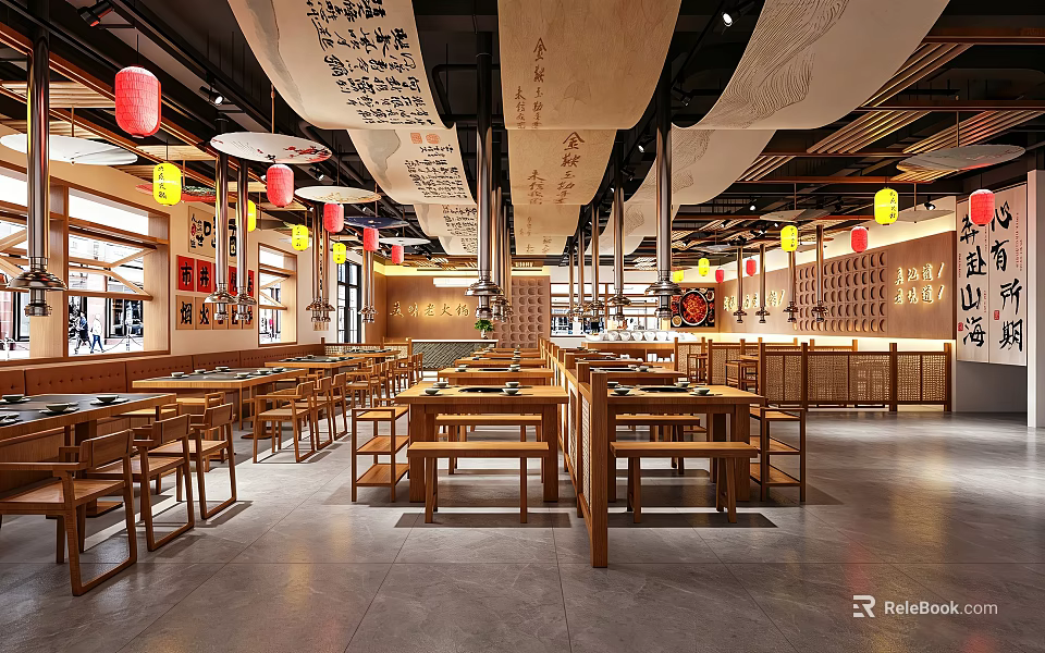 Traditional Hotpot Restaurant Interior With Wooden Tables Chairs Red Yellow Lanterns And Calligraphy Decorations 3d model 