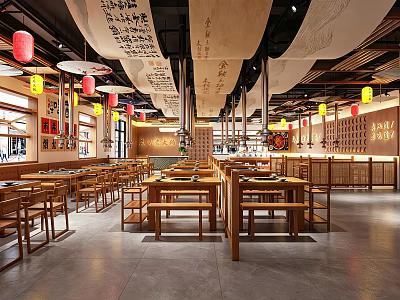 Traditional Hotpot Restaurant Interior With Wooden Tables Chairs Red Yellow Lanterns And Calligraphy Decorations 3d model
