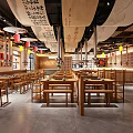 Traditional Hotpot Restaurant Interior With Wooden Tables Chairs Red Yellow Lanterns And Calligraphy Decorations