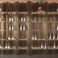 Modern Wooden Wine Cabinet With Layered Shelves And Lighted Display For Wine Bottles And Glassware