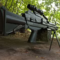 Tactical Machine Gun With Tripod Scope Black Body And Camouflage Magazine On Rocky Dirt Ground