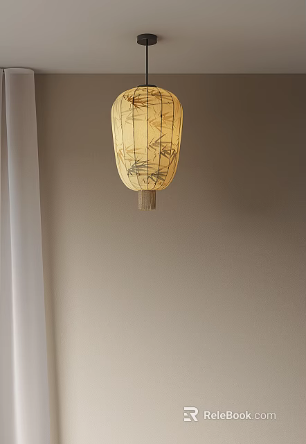 Chinese Style Yellow Pendant Light with Bamboo Pattern Hanging Near White Curtains 3d model