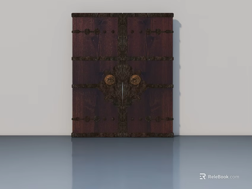 Vintage Wooden Hinged Door With Intricate Carvings And Decorative Metal Accents 3d model 