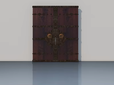 Vintage Wooden Hinged Door With Intricate Carvings And Decorative Metal Accents 3d model